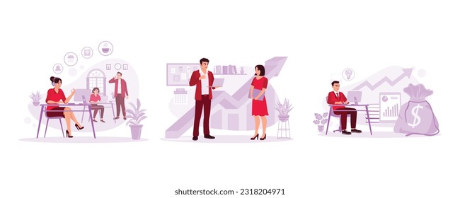 Friendly young female worker in the call center. Two workers are discussing business in the office. Young businessman busy working in front of a laptop. Trend modern vector flat illustration.