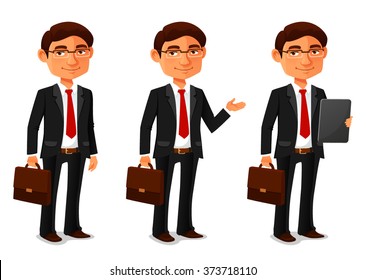 friendly young man in black business suit, holding a briefcase. Successful businessman, manager or lawyer, smiling and gesturing. Cartoon character. Isolated on white. Vector eps file.