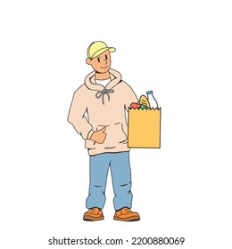 Friendly young man, courier. He holds a bag of groceries in his hand. Smiling and showing thumbs up. The concept of fast food delivery to your home. Modern stock vector illustration of food delivery.