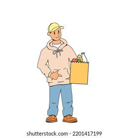 Joven amigo, mensajero. Él tiene en la mano una bolsa de comestibles. El concepto de entrega de comida rápida a tu hogar. Ilustración vectorial moderna de la entrega de alimentos.