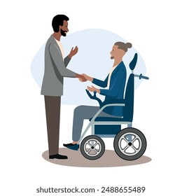 Friendly young man in an electric wheelchair shaking hands with a business partner. Friendly or business handshake. Rehabilitation and adaptation of people with disabilities. Vector illustration