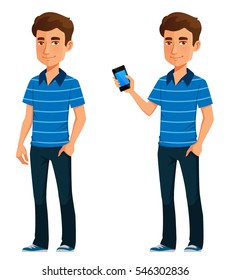 Friendly Young Man Holding A Mobile Phone. Cartoon Illustration Of A Teenage Boy In Jeans, Using A Mobile Phone. Isolated On White.