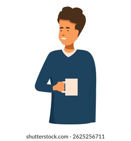 Jovem amigável está segurando uma caneca, sorrindo e olhando para o lado