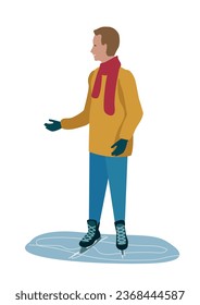 Friendly young man ice skating and pointing with his hand. Active winter sports and recreation. Vector illustration on a white background.