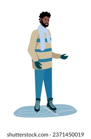 Amigable joven patinando en hielo y señalando con su mano. Deportes de invierno y actividades recreativas. Ilustración vectorial en un fondo blanco.