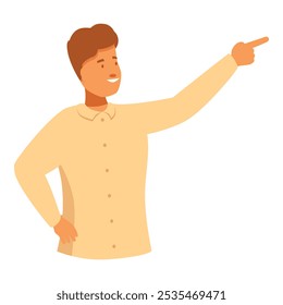 Friendly young man pointing at something while smiling