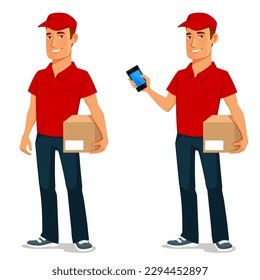 friendly young man in red uniform, holding a box for delivery. Courier service worker, holding a mobile phone while delivering package. Cartoon character. Isolated on white. Vector eps file.