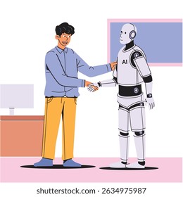 A friendly young man shaking hands with an AI robot, symbolizing collaboration and partnership in a modern workspace.