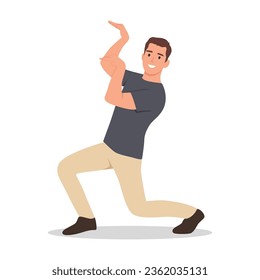 Friendly young man with short medium brown hair in casual outfit dancing. Flat vector illustration isolated on white background