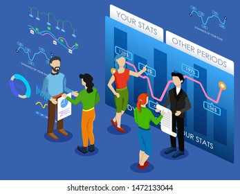 Friendly young team work with new project. Creative business 3d illustration. Isometric objects, may be used as landing page, presentation and other graphic materials.