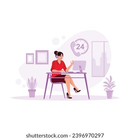 Friendly young woman using a headset while working in a call center. Customer service works 24 hours 7 days. Office concept. Trend Modern vector flat illustration