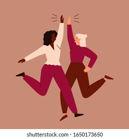 Friendly young women jumping and giving high five. Concept of female friendship and teamwork. Vector flat illustration