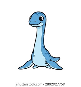 A friendly-looking, blue cartoon plesiosaur stands against a plain white background. The marine reptile features a long, slender neck, large expressive eyes, and a small smile. Its body is light blue with darker blue spots on its head and back, and it has four flippers for swimming. The illustration is clean with bold outlines, making it ideal for children's educational materials or decorative designs.