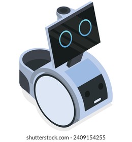 A friendly-looking isometric robot with a screen for a face and two wheels for easy movement. Perfect for illustrating websites and apps about technology, artificial intelligence, and customer service