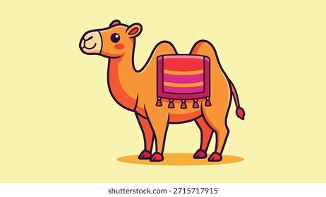 Un camello de dibujos animados marrón claro de aspecto amigable con dos jorobas, con una silla de montar decorativa a rayas rojas y moradas.