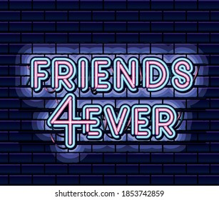friends 4ever lettering in neon font of pink and blue color on dark blue background vector illustration design