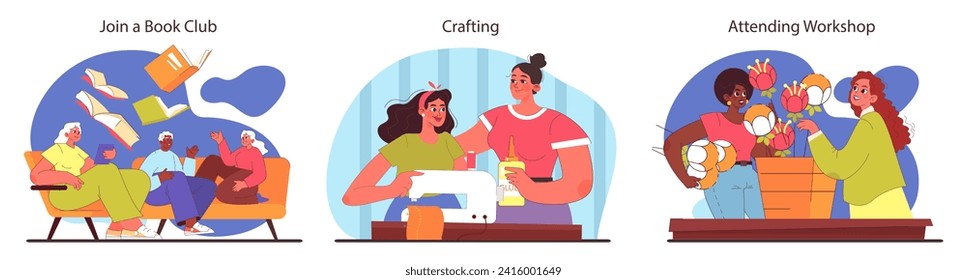 Friends activities concept. Diverse group delves into literary worlds, exchanging thoughts and insights. Creative crafting session. Hands-on workshop engagement. Flat vector illustration.