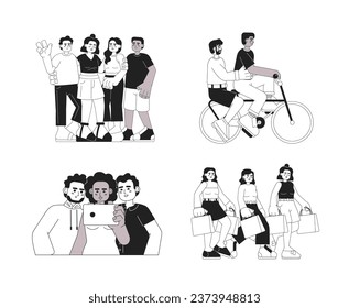 Friends activities monochromatic flat vector characters set. Spending time together. Editable thin line full body people on white. Simple bw cartoon spot images collection for web graphic design