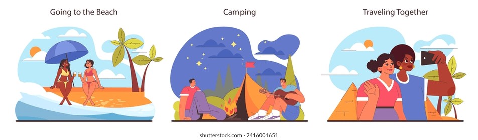 Friends activities set. Beach relaxation, camping under stars, and shared travel explorations. Cherishing moments in diverse settings. Joyful and adventurous companionship. Flat vector illustration.