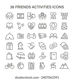 Friends Activities set. Bonding moments and shared experiences. Leisure, games, travel, and care symbols. Social connection themes. Flat vector illustration.