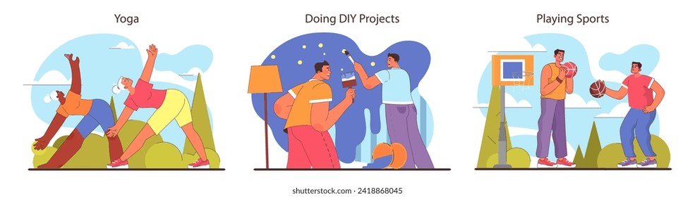 Friends activities set. Engaging in yoga, tackling DIY projects, and enjoying basketball games. Diverse hobbies for wellbeing, creativity, and sportsmanship. Flat vector illustration.