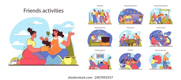 Actividades de amigos establecidas. Desde jardinería y compras hasta voluntariado y ejercicios en gimnasia. Diversas experiencias de unión interior y exterior. Momentos compartidos de ocio y estilo de vida. Ilustración vectorial plana.