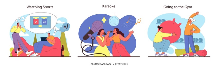 Friends activities set. Groups enjoy varied pastimes, from intense sports viewing and vibrant karaoke singing to fitness workouts. Embracing fun, music, and health. Flat vector illustration.