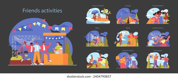 Friends activities set. Varied leisure scenes from beach outings to concerts. Outdoor enjoyment and creative hobbies. Diverse social interactions and shared experiences. Flat vector illustration.