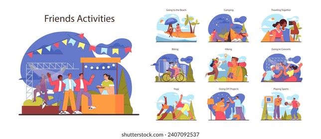 Friends activities set. Varied leisure scenes from beach outings to concerts. Outdoor enjoyment and creative hobbies. Diverse social interactions and shared experiences. Flat vector illustration.