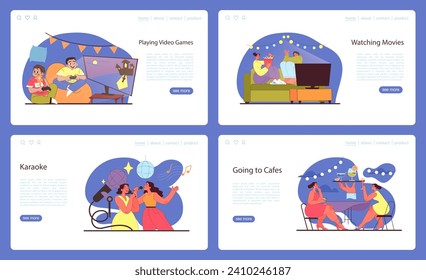 Friends activity set. Illustrations of friends' hobbies: exciting video games, cozy movie nights, rousing karaoke and relaxing trips to cafes. Flat vector illustration.