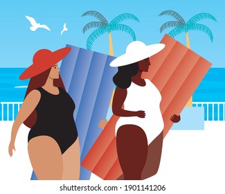 Friends with air mattress, seaside resort. Flat vector stock illustration. Mattress for swimming. Friends vacation concept. Young plus size women vacation. Swimming mattress illustration