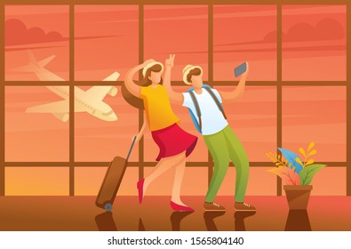Friends in the airport building before flying on vacation. Flat 2D character. Illustration concept for animation and web design.