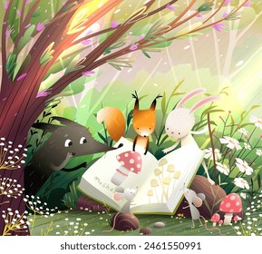 Friends animals reading book in forest sunlight. Rabbit mouse wolf and squirrel study mushrooms in forest landscape. Kids illustration for story or fairytale. Hand drawn vector cartoon for children.