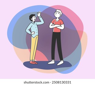 Amigos discutiendo Ilustración vectorial plana. Personajes de dibujos animados de pie con un comportamiento arrogante y enojado. Concepto de problema de conversación y comunicación.