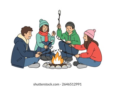 Amigos ao redor de campfire assando marshmallows ao ar livre acampando