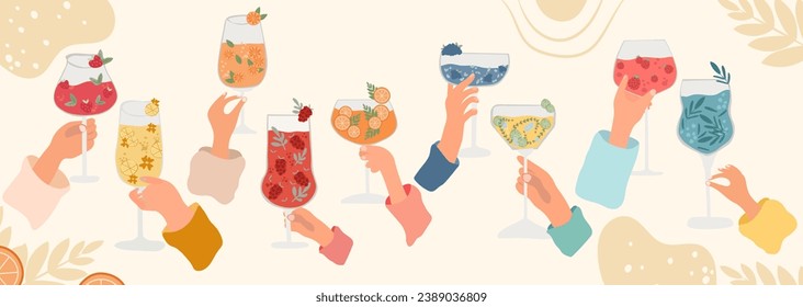 Friends with an array of classic cocktails. Assorted drinks like Mojito, Mimosa, and Aperol Spritz in varied glassware. Alcoholic refreshments perfect for menu display, posters and web banners.Vector