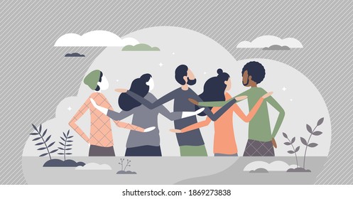 Friends back view as behind or rear look to team members tiny person concept. Meeting with social group or holding hands, hoping along scene vector illustration. Common pose in cheerful support moment