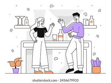 Friends at bar linear. Man and woman near alcoholic drinks and beverages at pub or cafe. Party and disco, event. Holiday and vacation. Doodle flat vector illustration isolated on white background