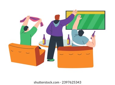 Amigos en el bar o pub bebiendo cerveza y sosteniendo bufandas de su equipo favorito viendo fútbol en la pantalla grande. Hobby de hombres, personajes masculinos divirtiéndose y descansando los fines de semana. Vector en estilos planos