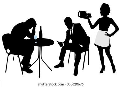 friends in the bar , waitress serving coffee