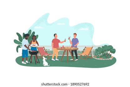 Friends at barbecue party 2D vector web banner, poster. Fun event. Men and woman eat and drink in yard flat characters on cartoon background. Grill on weekends printable patch, colorful web element