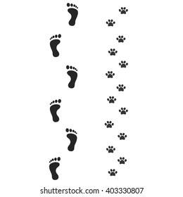 Friends - bare traces of man and dog. For drawing traces of man and dog - stock vector