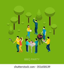 Friends Bbq Party With Isometric People And Grill Equipment Vector Illustration