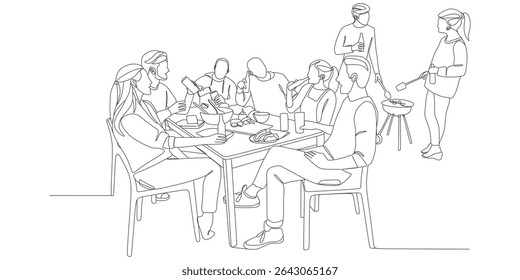 Friends BBQ Picnic – Minimalist Continuous‑Line Vector Illustration