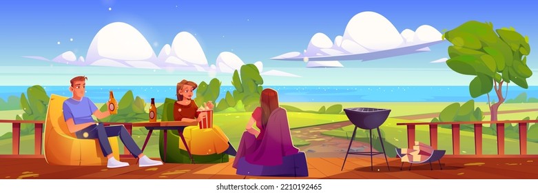 Friends bbq weekend recreation, young people relax on wooden terrace with view on lake and field. Company rest on open veranda sitting with popcorn, beer and barbeque, Cartoon vector illustration