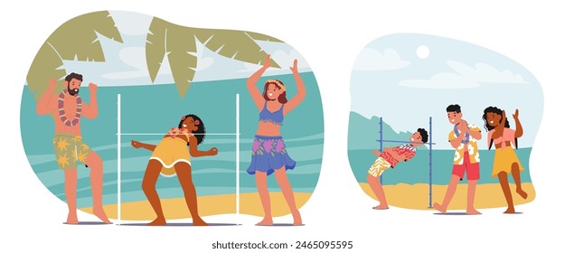 Friends At A Beach Limbo Dance Party. Multicultural Men And Women Laugh And Dance Under A Limbo Stick, Surrounded By Sandy Shores And Ocean Backdrop During Summer. Cartoon People Vector Illustration