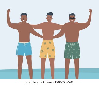 Friends in beach shorts stand against the background of the sea. Three young men in swimming trunks stand together. Vector illustration