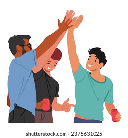 Friends, Beaming With Camaraderie, Enthusiastically Exchange A High Five, Celebrating Their Bond And Mutual Success With An Infectious Display Of Jubilation. Cartoon People Vector Illustration