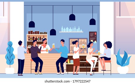 Friends in beer bar. Flat people with glasses, waiter and happy man woman. Cafe interior, guys drinking alcohol. Group of adults on friday evening or party vector illustration