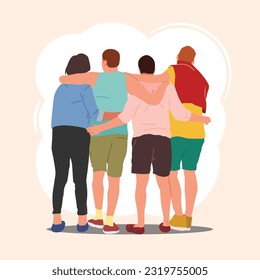 Friends from behind. Back view. Guys and girls hug each other, celebrate event and stand together. Community of people with good relationships. Cartoon flat vector collection isolated on white